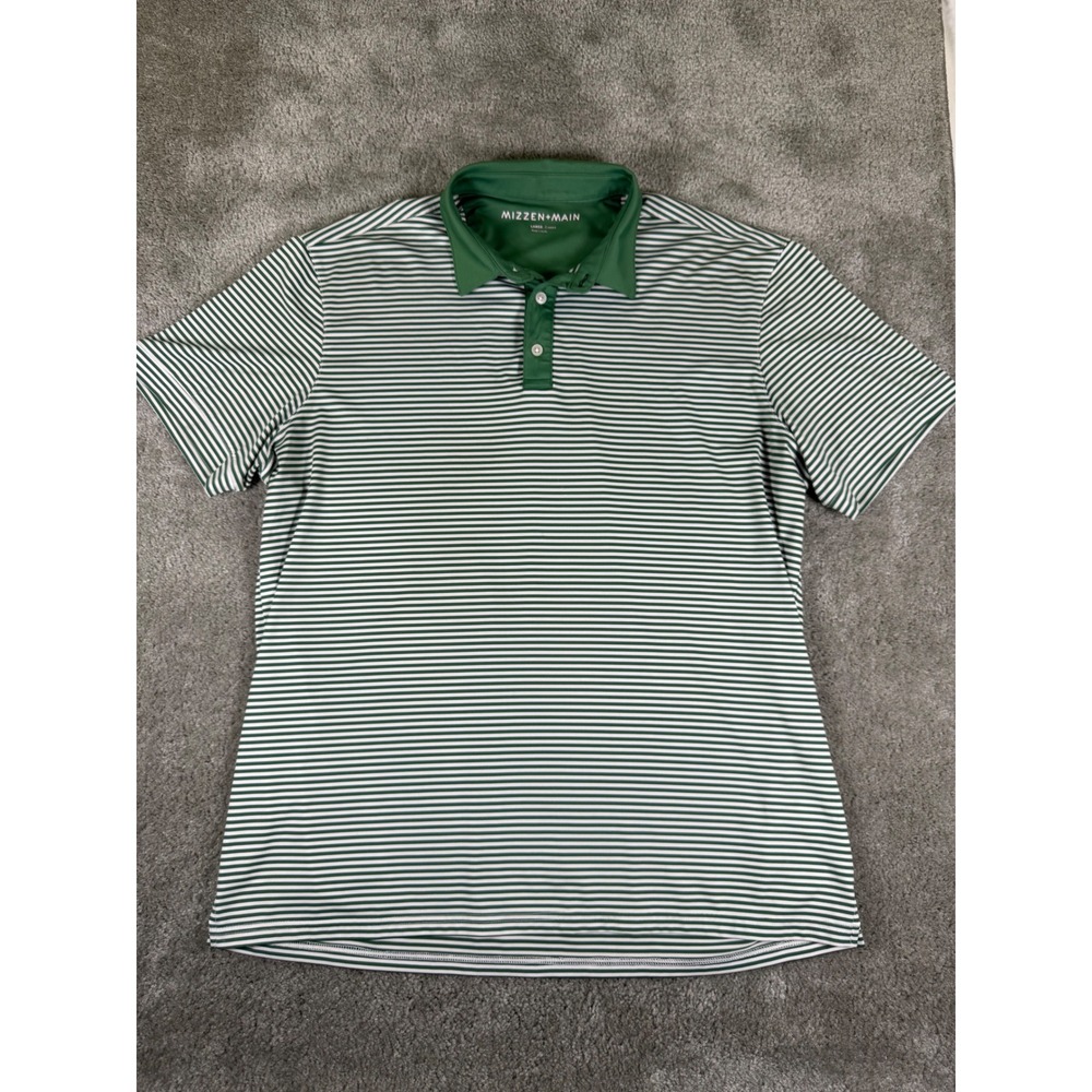 Mizzen+Main Mens Large Classic Fit Green White Striped Performance Polo Shirt